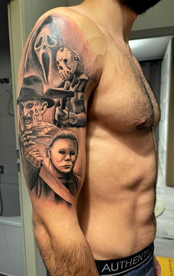 Freddy Krueger and Jason Voorhees and Michael Myers sleeve tattoo