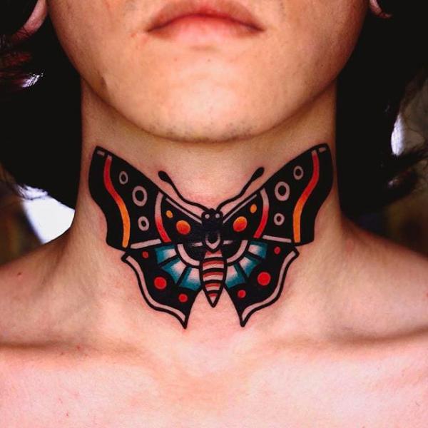Front neck traditional butterfly tattoo 