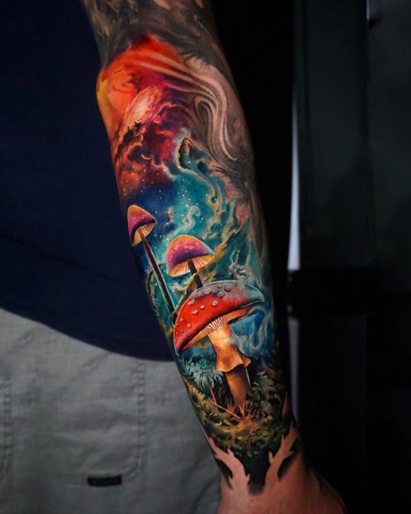 Galaxy and mushroom tattoo