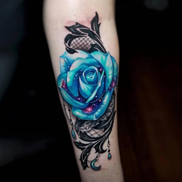 Galaxy blue rose on lace tattoo