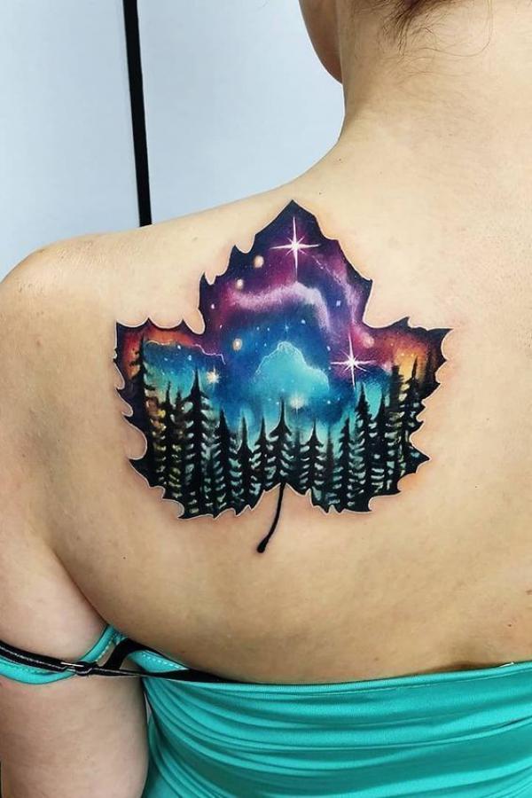 Galaxy maple leaf shoulder blade tattoo