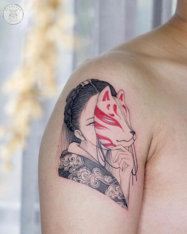 Geisha with a Kitsune mask