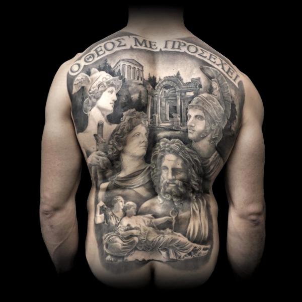 Greek Gods Zeus Ares Apollo Hermes back tattoo