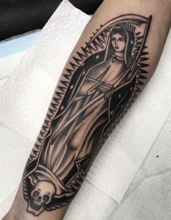 Grim reaper virgin Mary tattoo