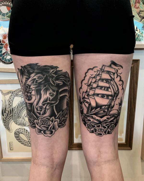 Horse and boat thigh tattoo