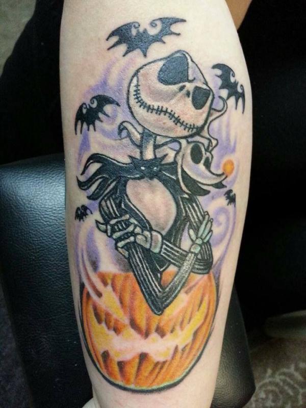 Jack Skellington and Zero with bats tattoo
