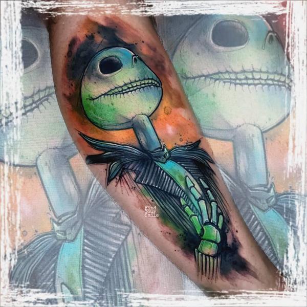 Jack Skellington with a skeleton hand tattoo