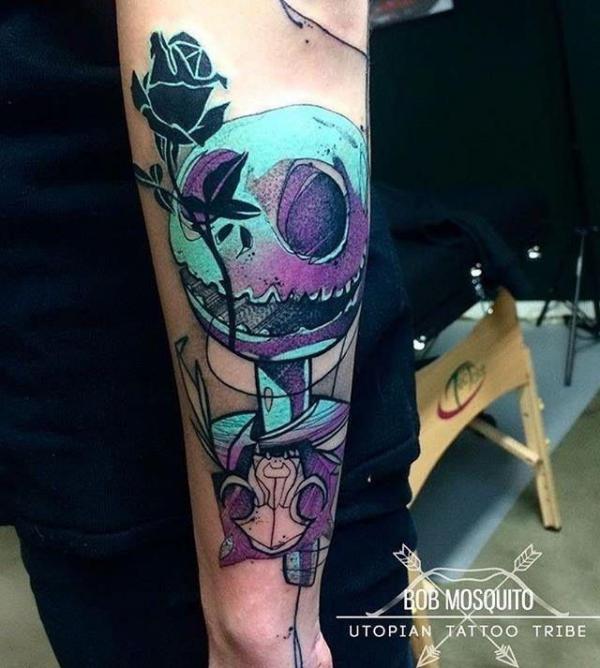 Jack Skellington with black rose tattoo