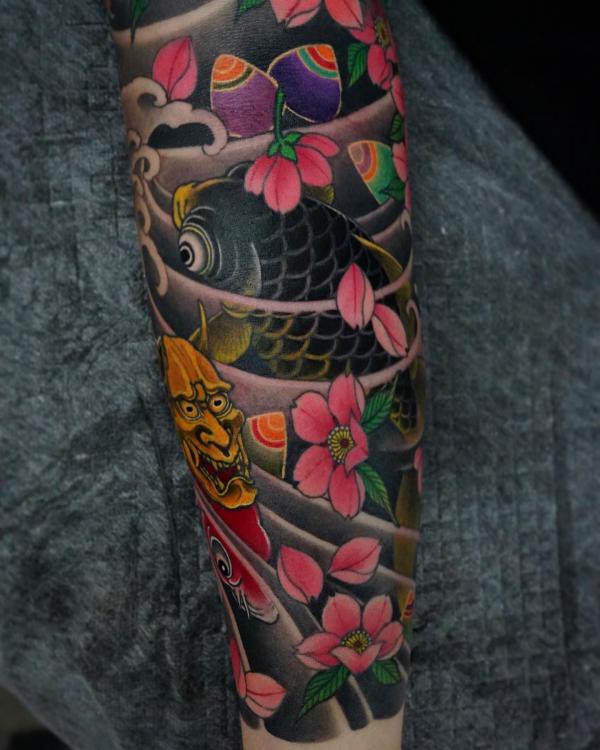 Japanese Oni and koi fish with cherry blossoms