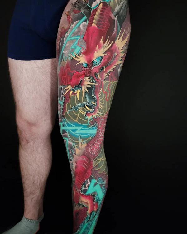 Japanese red dragon with green eyes