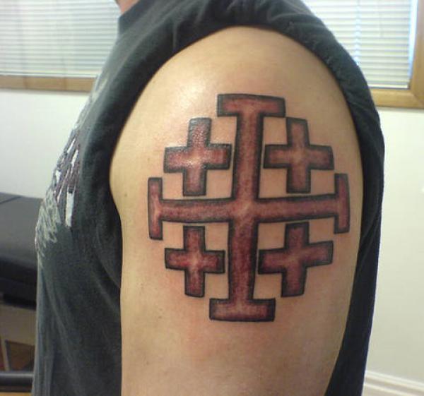 Jerusalem cross shoulder tattoo