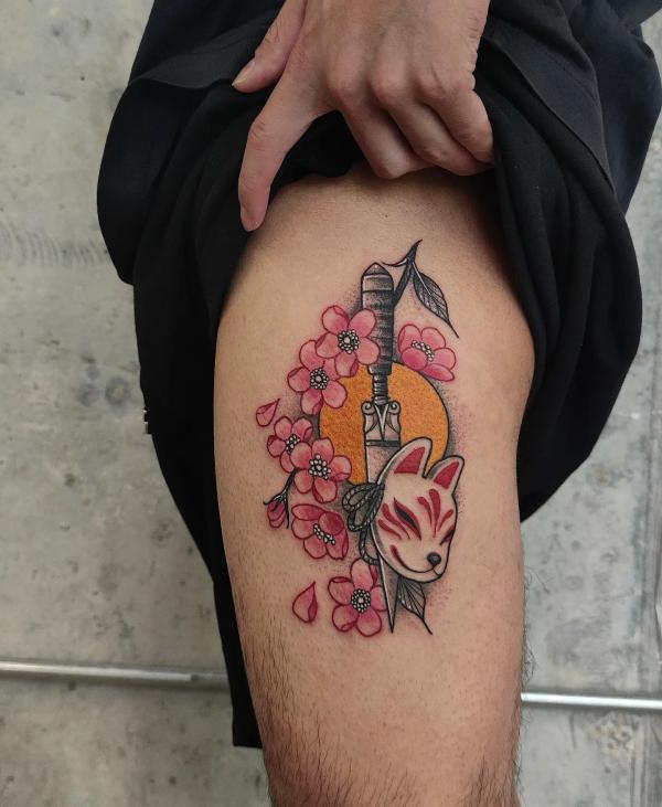 Kitsune and dagger with cherry blossoms
