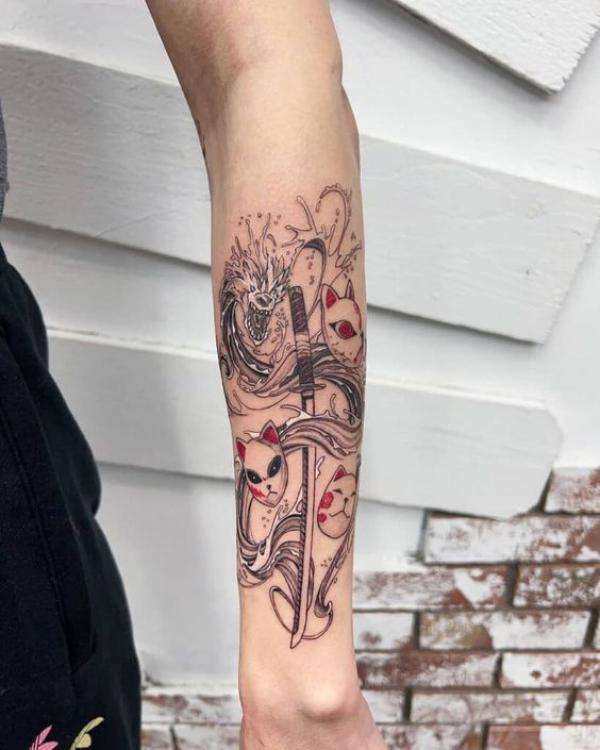 Kitsune mask and katana tattoo