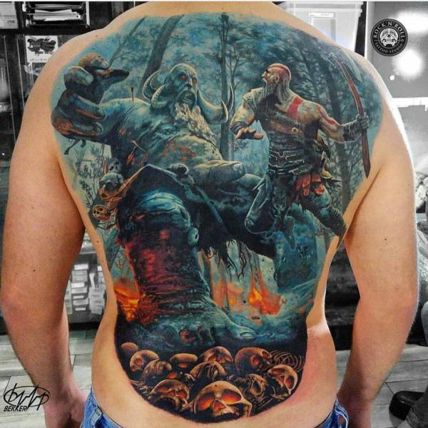 Kratos fighting a giant troll