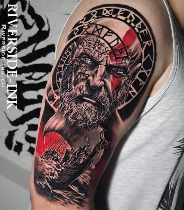 Kratos with runic compass and the scene of pirate boat