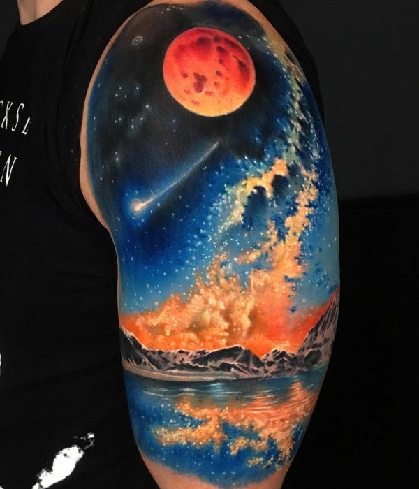 Landscape and Galaxy with moon and a shooting star