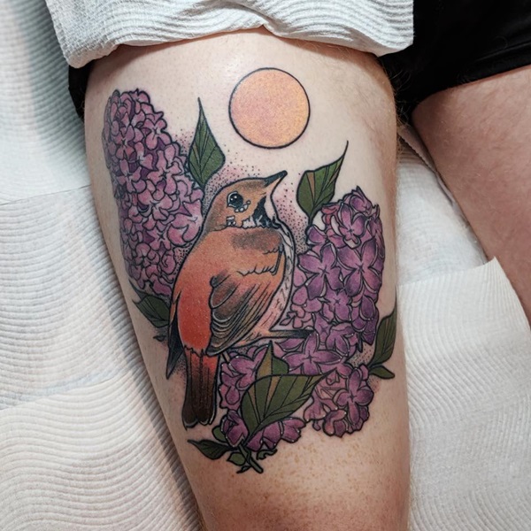 Lilac and sparrow tattoo under sun
