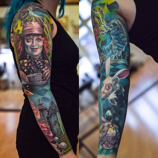 Mad Hatter caterpillar and white rabbit tattoo sleeve