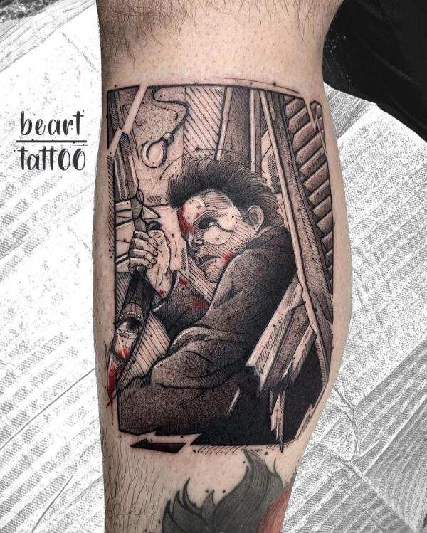 Michael Myers calf tattoo black and grey