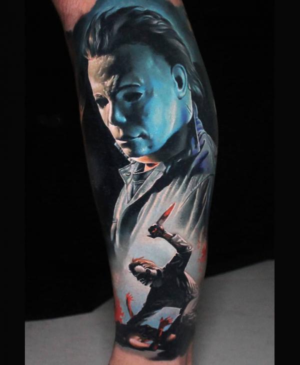 Michael Myers portrait and a scene his stabbing victim