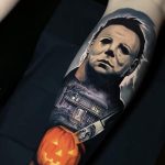 Michael Myers with his knife pierced a pumpkin