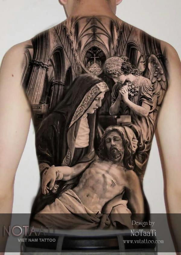 Mother Mary and Jesus and Angel tattoo full back