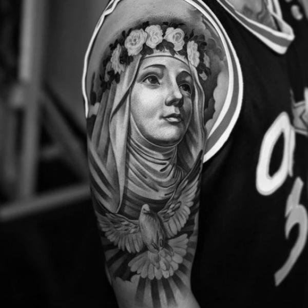 Mother Mary and dove tattoo black and grey