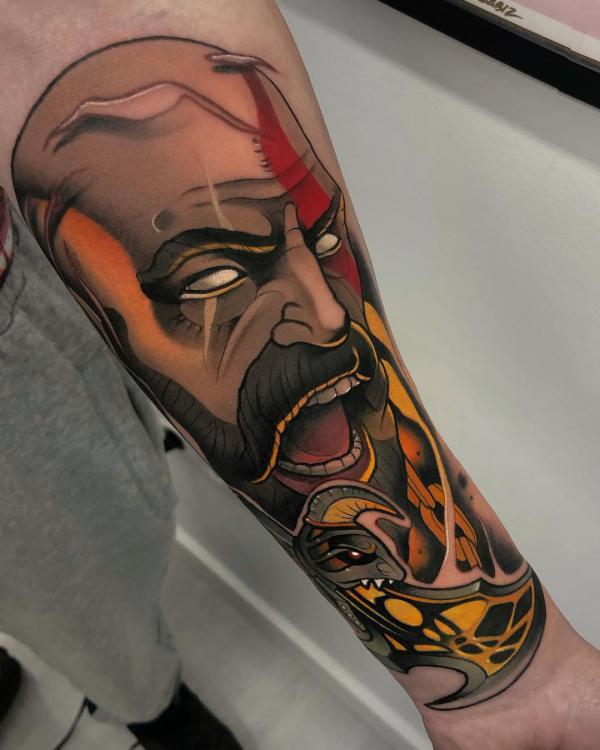 Neo traditional Kratos tattoo