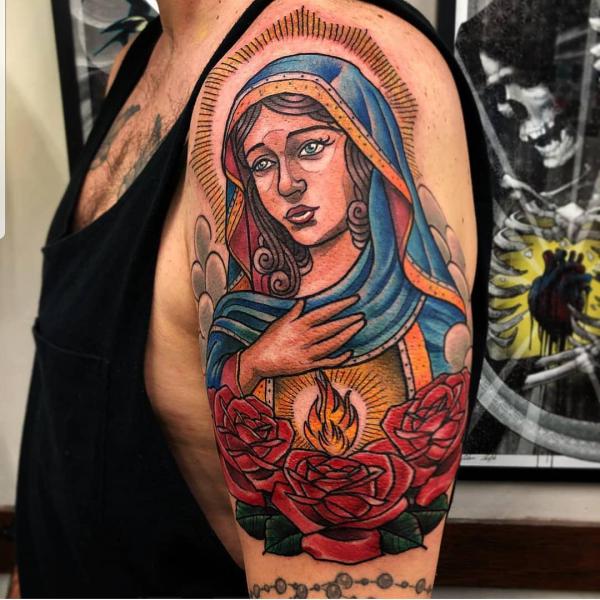 Neo traditional Virgin Mary tattoo sleeve