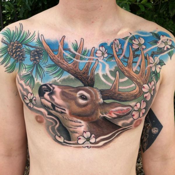 Neo traditional deer chest tattoo