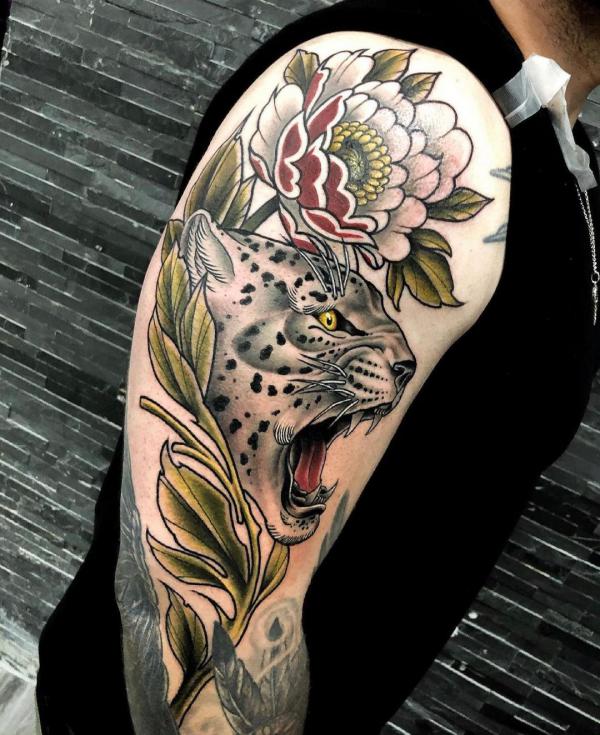 Neo traditional jaguar tattoo