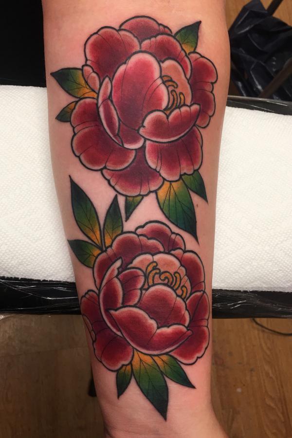 Neo traditional peony tattoo