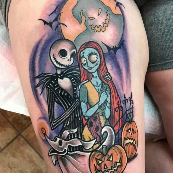 New traditional Jack Skellington and Sally tattoo