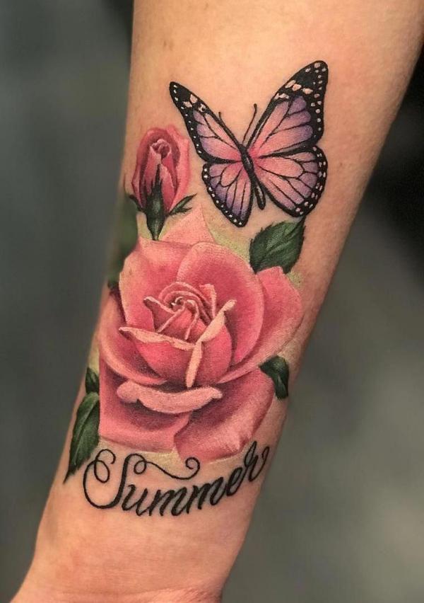 Pink rose and butterfly with name