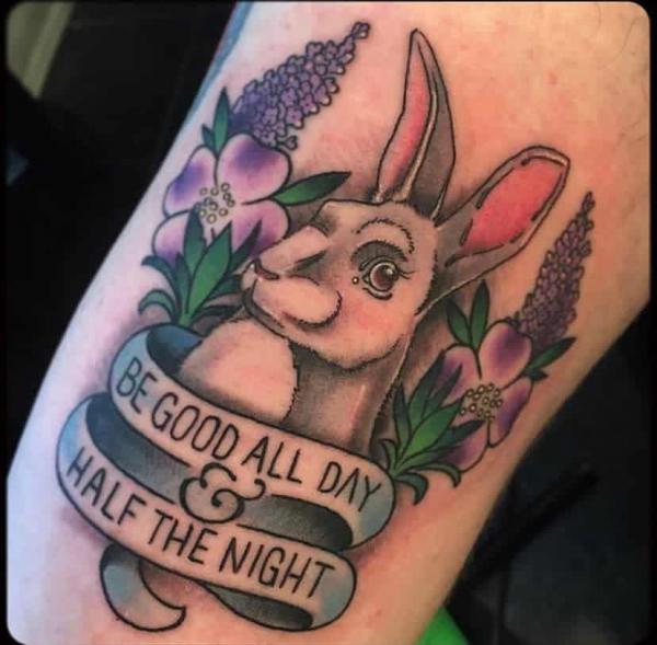 Rabbit and Lilac tattoo with quote Be Good All Day Half the Night