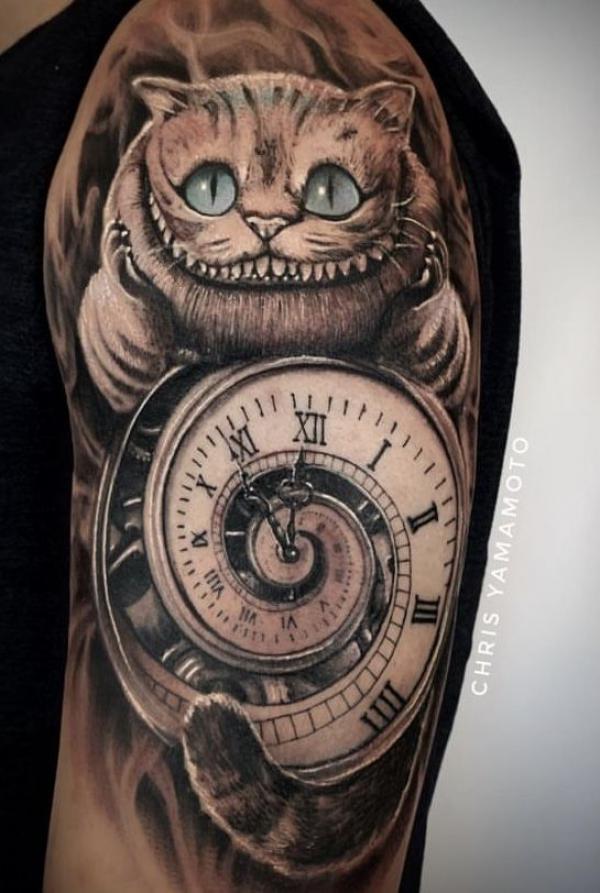 Realistic Cheshire Cat and spiral clock tattoo black and grey