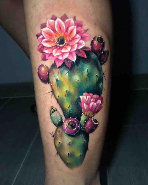 Realistic cactus with flower tattoo