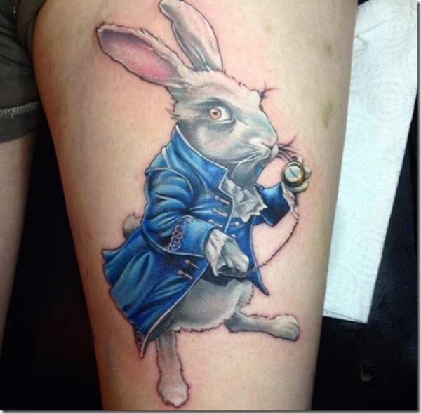 Realistic white rabbit thigh tattoo