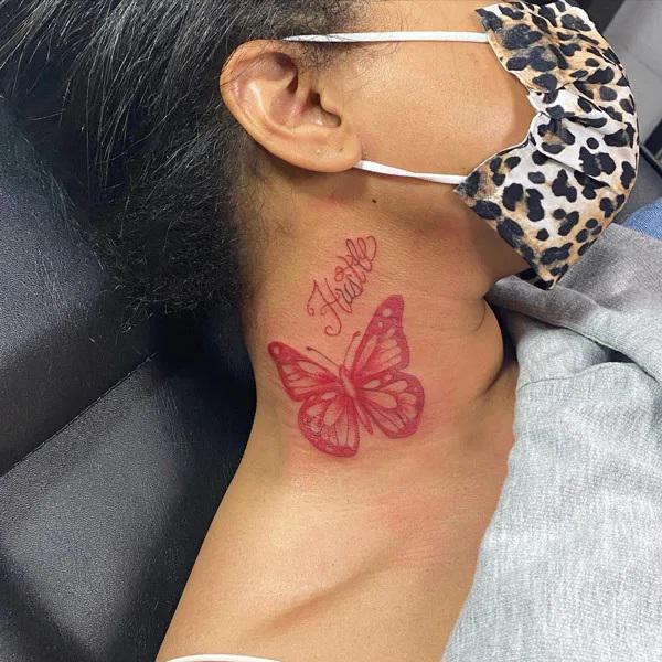 Red Butterfly Side Neck Tattoo