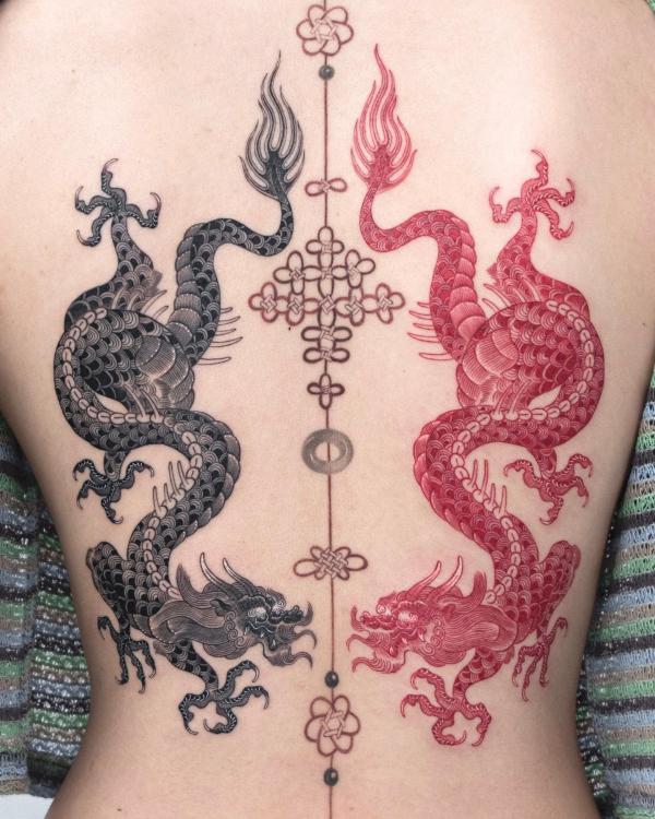 Red and grey dragons on back symmetrically