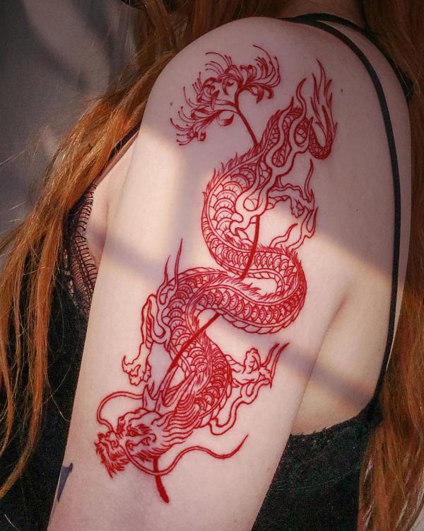 Red dragon and Spider lily tattoo