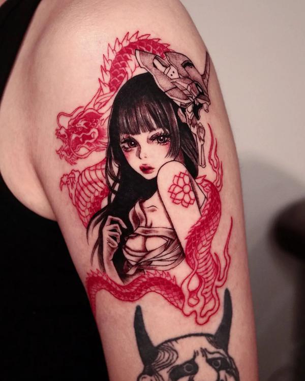 Red dragon and a girl