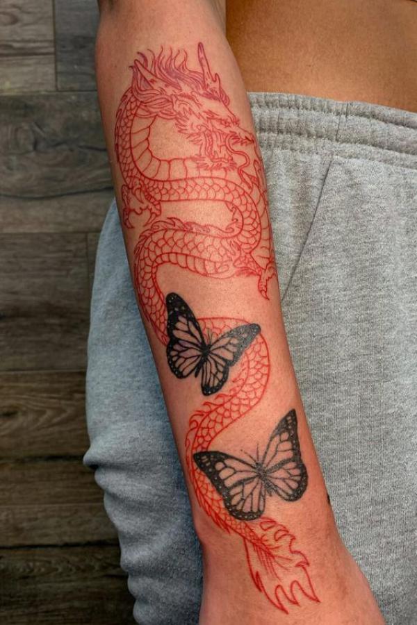 Red dragon and butterfly tattoo