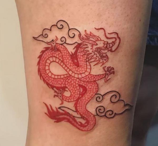 Red dragon and clouds tattoo