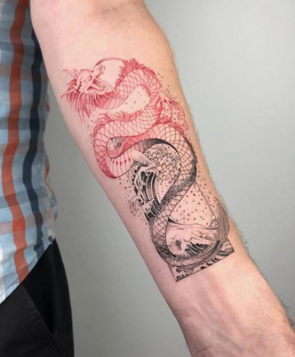 Red dragon and wave tattoo