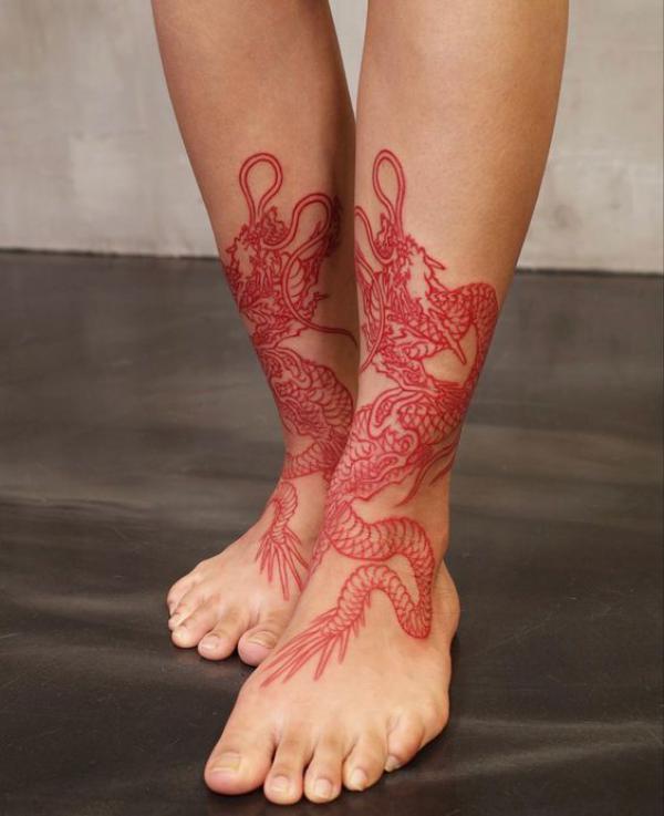 Red dragon ankle tattoo