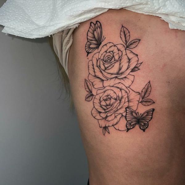 Rose and Butterfly outline Tattoo thigh