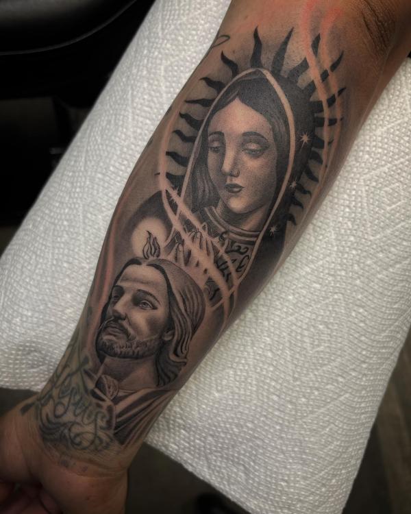 San Judas and Virgin Mary tattoo