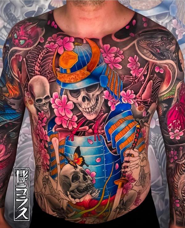 Skeleton samurai adorned with Cherry blossoms