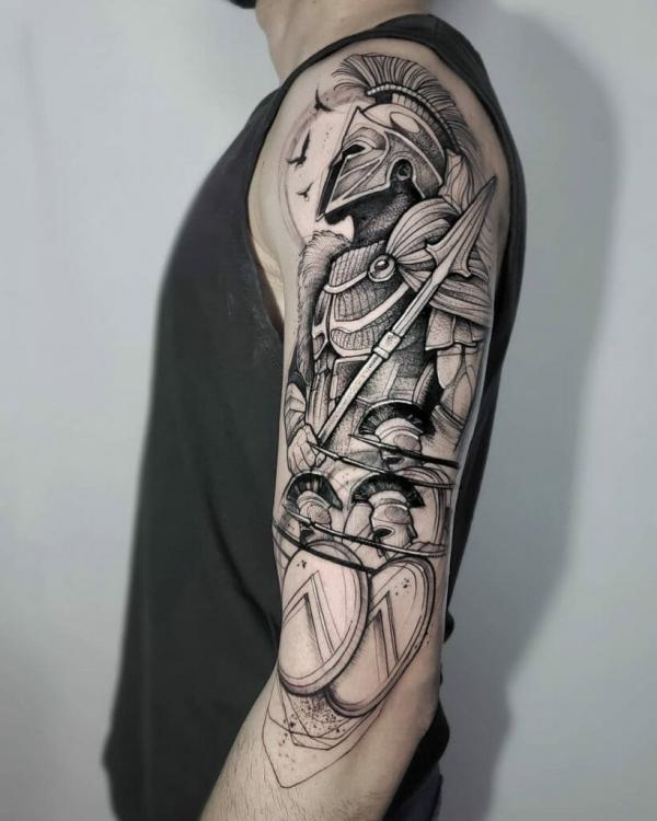 Sketchy Ares in armor tattoo with soldiers